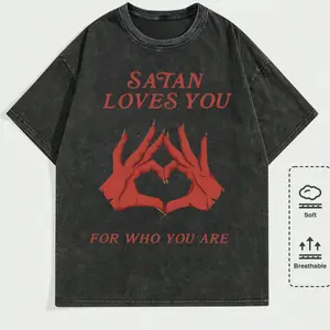 Men's T-Shirt Retro Edgy "Satan Loves You" Graphic Print Loose Fit Short Sleeved Top y2k Vintage Streetwear Christmas Thanksgiving Gift Cyber Monday - Distressed