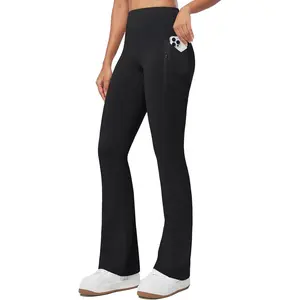 Women's Fleece Lined Pants Thermal Leggings Winter Bootcut Yoga Pants Zipper Pockets Flare High Waist Water Resistant