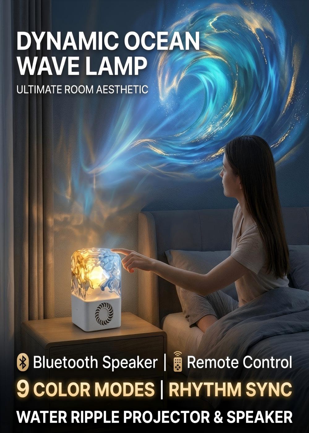 HOGNC Ocean Dream Speaker lamp with 3D Ripple Effects, 9 Color Changing RGB Night Light, 360° Hi-Fi Bluetooth, Portable Wireless Music Player for Bedroom, Home Decor, Party, Gifts. fairy .  aurora borealis lamp. Adjustable
