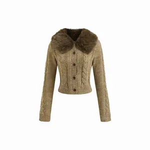 Cider Cable Knit Button Long Sleeve Crop Top With Detachable Faux Fur Collar