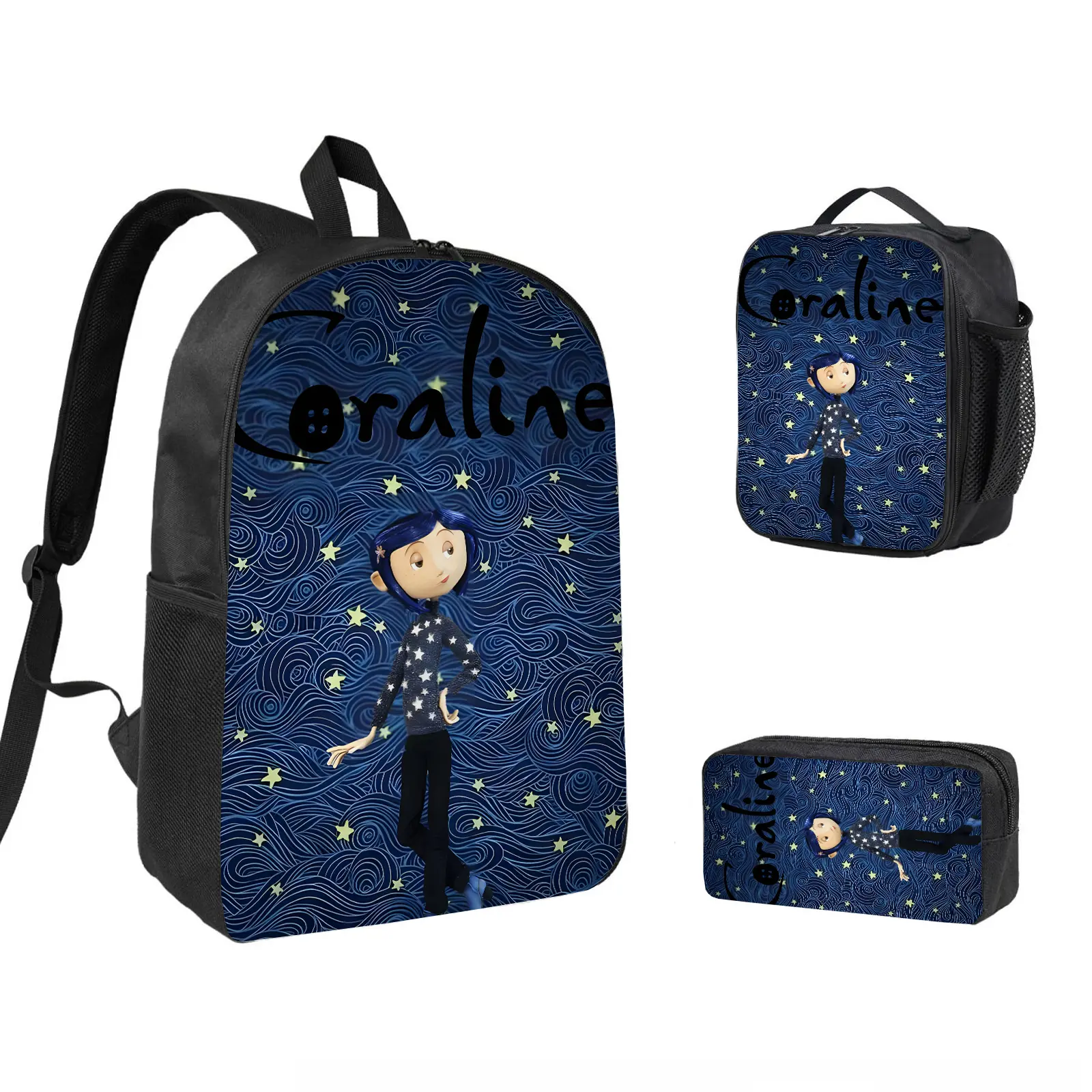 Coraline 3 PCS Backpack Set, Durable School Bookbag with Insulated Lunch Bag & Pencil Case for Teens Boys Girls, Comfortable Travel Daypack Gift for Fans d-59
