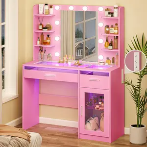Vanity Desk with Mirror and Lights, Makeup Vanity Desk with Lights , Transparent Top Vanity with 2 RGB Drawers, 6 Shelves, Large Tempered Cabinet, Power Outlet, for Bedroom, Pink
