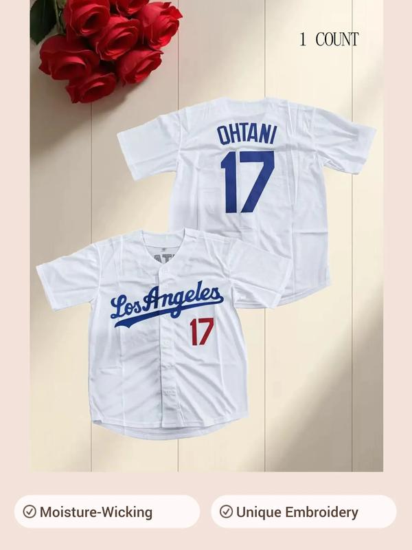 Men's Letter & Figure Embroidered Baseball Jersey, Casual Loose Short Sleeve V Neck Baseball Top for Fall & Winter, Men's Sportswear for Training & Competition