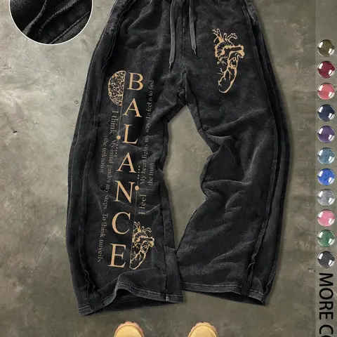 Men's Casual Loose Cotton Graphic Streetwear Sweatpants, Casual Loungewear Pants, Trendy Letter Vintage Print, Drawstring Waist, Natural Waist, Ankle Length, Perfect for Daily Wear & Holidays