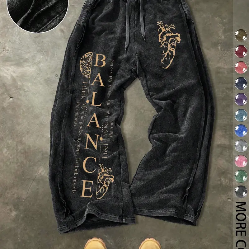 Men's Casual Loose Cotton Graphic Streetwear Sweatpants, Casual Loungewear Pants, Trendy Letter Vintage Print, Drawstring Waist, Natural Waist, Ankle Length, Perfect for Daily Wear & Holidays