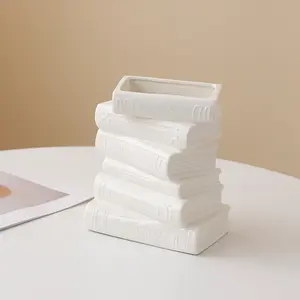 Stacked Books Shaped Ceramic Vase, Modern Minimalist White Flower Vase, Aesthetic Decorative Vase for Home, Office, Bookshelf, Living Room, Bedroom