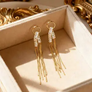Gold Crystal Tassel Earrings | Long Dangle Statement Earrings | Wedding, Party & Evening Glam