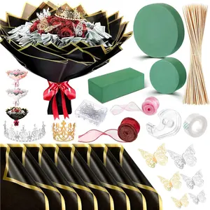 Bouquet Kit 20 Sheet Flower Wrapping Paper 100 count  Skewers Floral  Blocks for Thanksgiving Anniversary Birthday  Graduation Valentine Mother's Day(Black)