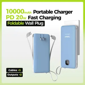 Portable Charger with Built in Cables, 10000mAh Power Bank Fast Charging with Foldable Wall Plug Charger, PD20W Compact Battery Pack Travel Essentials for iPhone 17/16/15 Series,Samsung,Tablets