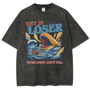 Men's Unisex Cotton Round Neck Oversized Washed T-Shirt - Christian Streetwear, Jonah and the Whale Graphic, "Get In Loser We're Doing God's Will" Verse, Faith Humor Fabric Style Religious Gift,summerwins,father'sdaygifts
