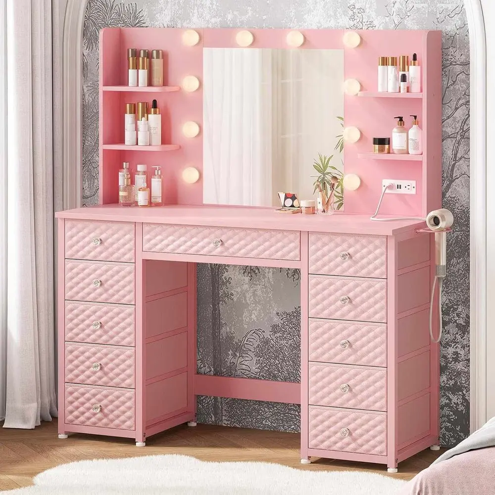 Sikaic Pink Makeup Vanity with Lights & Mirror, 11 Drawer Vanity Desk with Power Strip, 6 Open Shelves, 43.3” Dressing Table with Storage, 3 Color Lighting Modes for Bedroom, Women & Girls, Home Furniture, Dorm Essentials [tiktokshopbacktoschool]