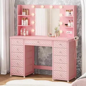 Sikaic Makeup Vanity with 11 Drawers and 6 Open Shelves Pink Modern Dressing Table with 3 Color Modes Lights, Power Strip and Storage high quality