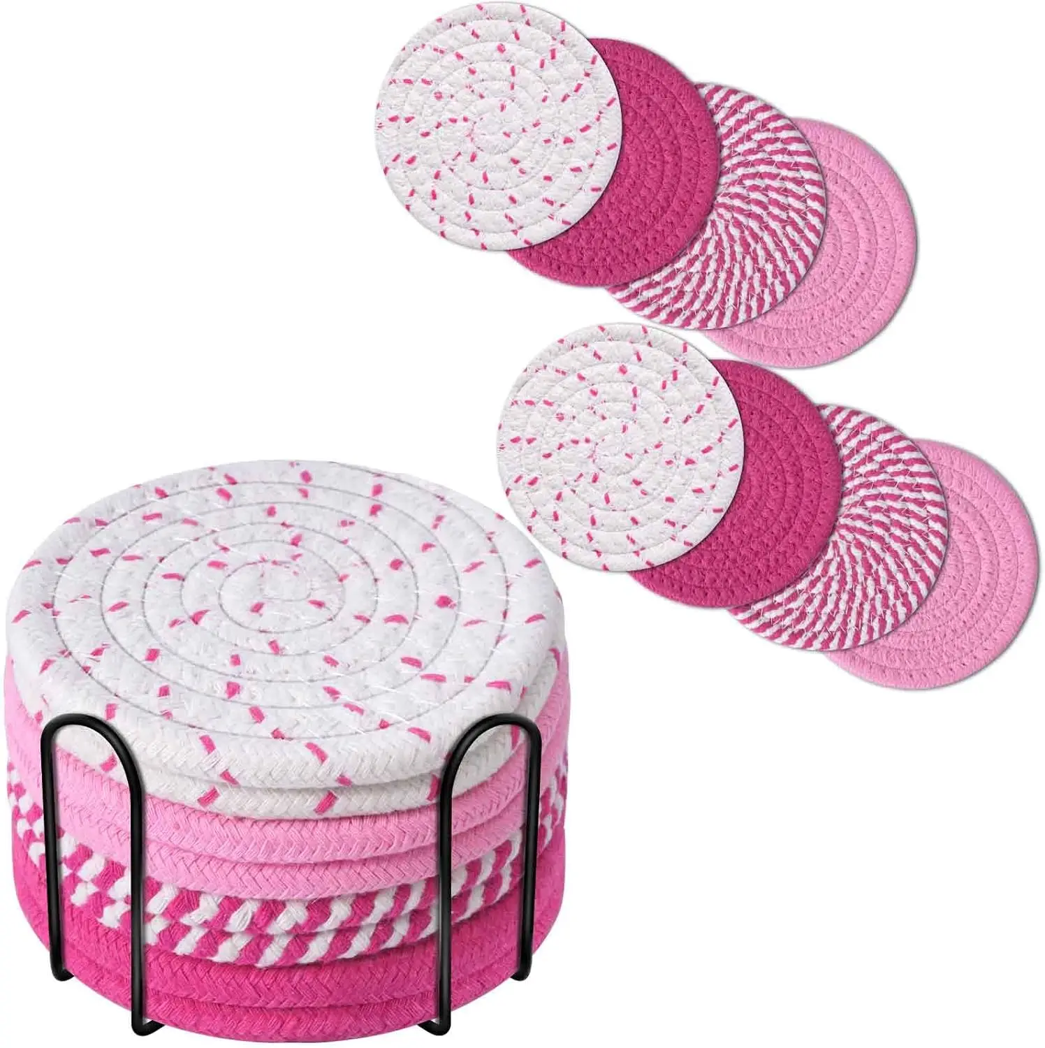 Drink Coasters 8 Pack with Holder, 4-Color Cotton Woven Absorbent Coasters Set, Minimalist 4.3in Cup Mat for  Decor, Dining Table, Living Room, Tabletop-Protection for Coffee Beverage-
