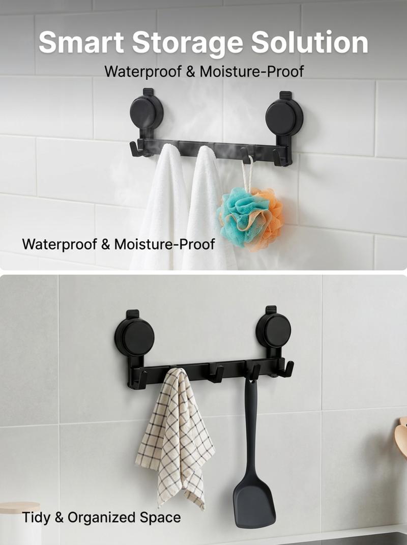 Suction Cup Adhesive Hooks - 5-Hook Black Wall Rack, Drill-Free Repositionable, Rust-Resistant Space Aluminum, Over-the-Door Coat Hanger for Entryways & Bathrooms