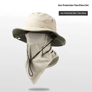 Sun Protection Two-Piece Set - Outdoor Wide-Brimmed Sun Hat & Elastic Breathable Mesh Ice Silk Face Mask for Beach Fishing Hiking