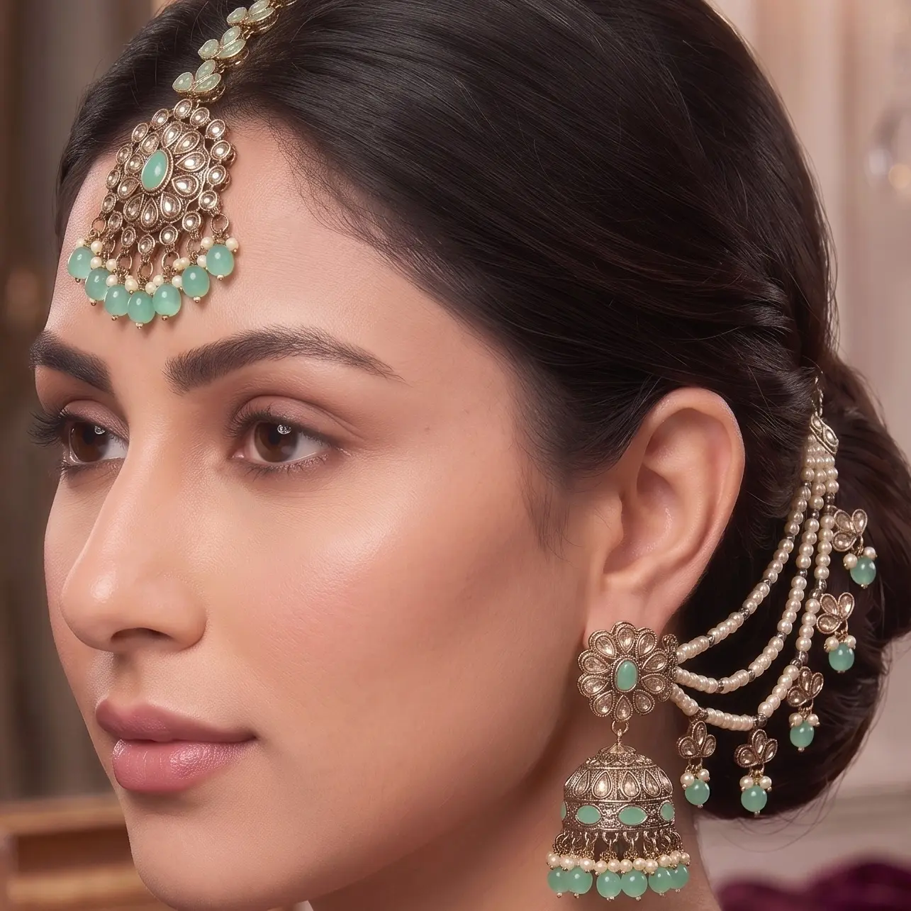 Heer Polki Jhumka with Sahara and Maang Tikka - Champagne, Ruby, Mint, Silver, Polki Inspired, Lightweight Fit for Weddings, Drop Earrings