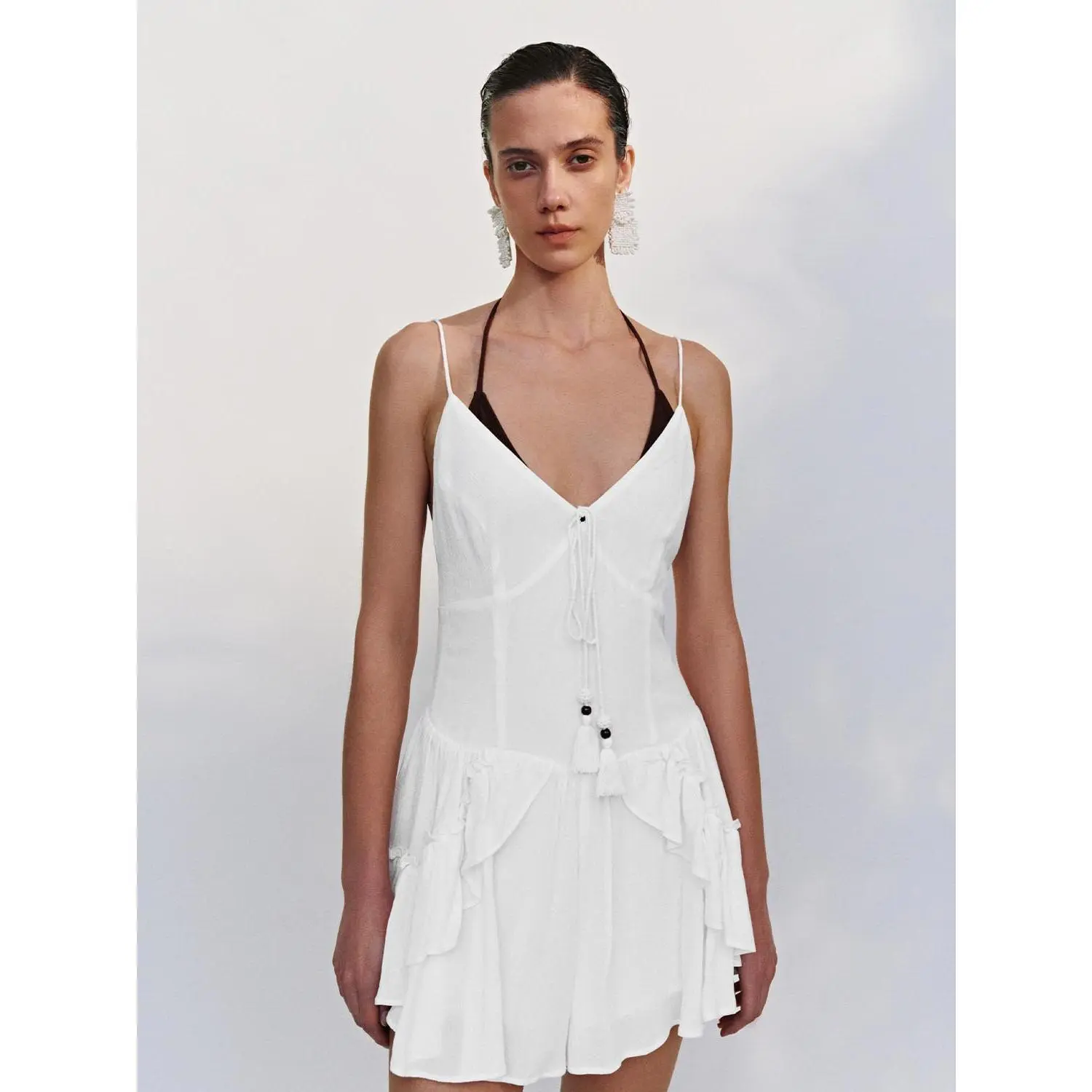 Women's Ruffled V-Neck Romper with Spaghetti Straps in Thin Non-Stretch Viscose, Holiday Outfit, Cold Wash, XS-XL, Fabric, Lightweight, Sexy, Sleeveless