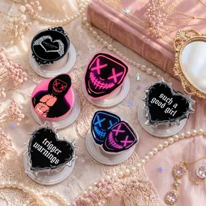 Neon Horror Mask Phone Grip, Spooky Black Pink Acrylic Grip for Goth Girls, Cute Creepy Phone Holder Stand for Smartphones