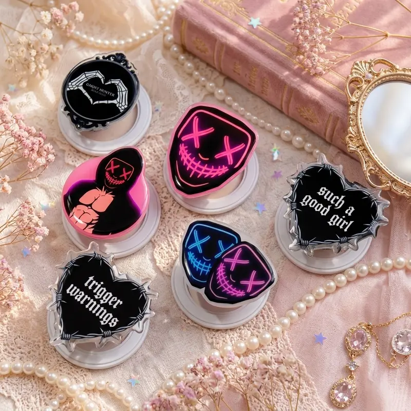 Neon Horror Mask Phone Grip, Spooky Black Pink Acrylic Grip for Goth Girls, Cute Creepy Phone Holder Stand for Smartphones