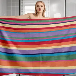 Classic Cotton Bath Towel, Large Absorbent Low Pile Striped Pool Towel, Unique Rainbow Design Luxury Oversized Bath Towel, Beach Towel
