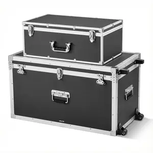 【Spotlight Day】VEVOR Metal Storage Trunk Set of 2, Lockable Wooden Suitcase Organiser Boxes with Padlocks, Large Trunks with Casters, 3 Metal Handles & Lids, Decorative Storage Chests for Apartment, Dorm, Lockable Storage Boxes