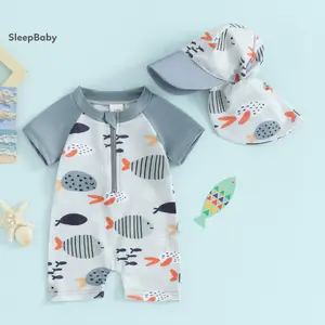 2 Pcs Set Toddler Boys Rash Guard Swimwear Cartoon Fish Print Short Sleeve Swimsuits Front Zipper Bathing Suits With Swimming Hat