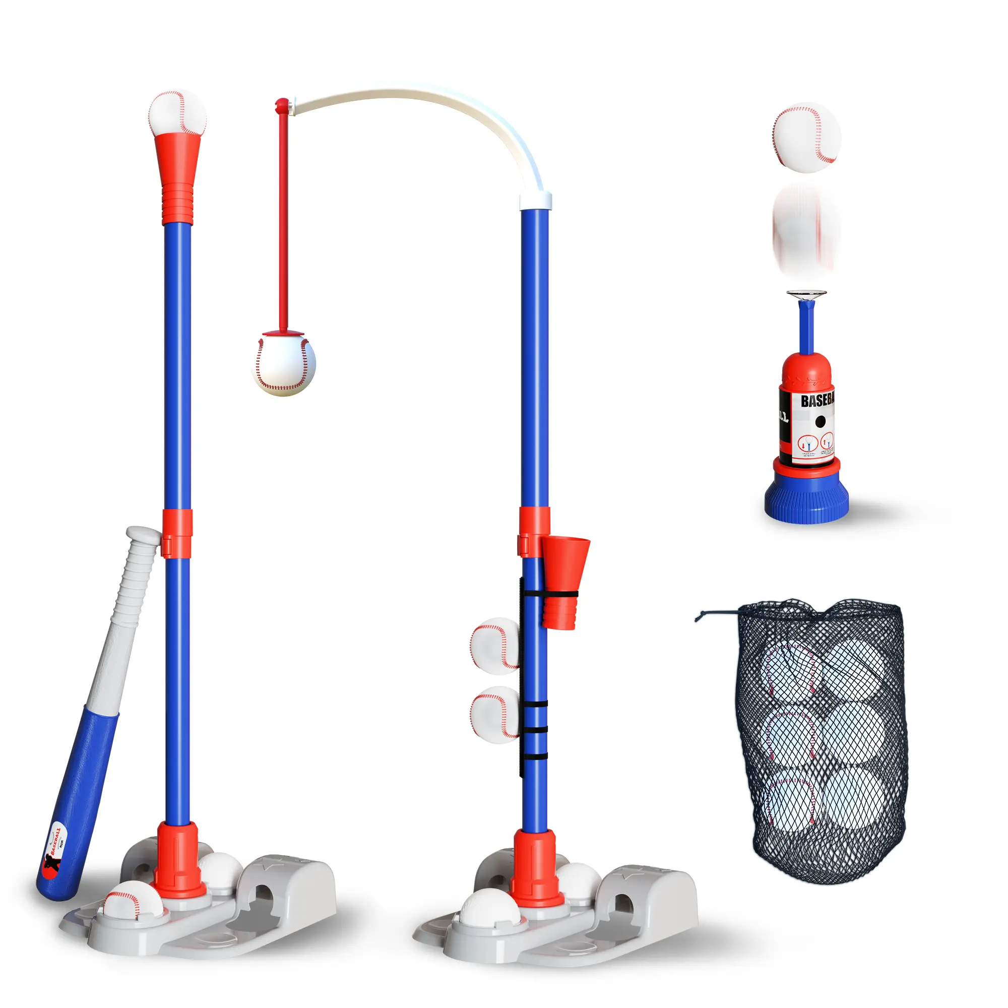 3-in-1 Tball Set for Toddlers 3-5, 6 Balls, Toddler baseball with Hanging Tee, Tee Ball Stand, Auto-Ball Launcher, Height-Adjustable, Baseball Gifts for Kids