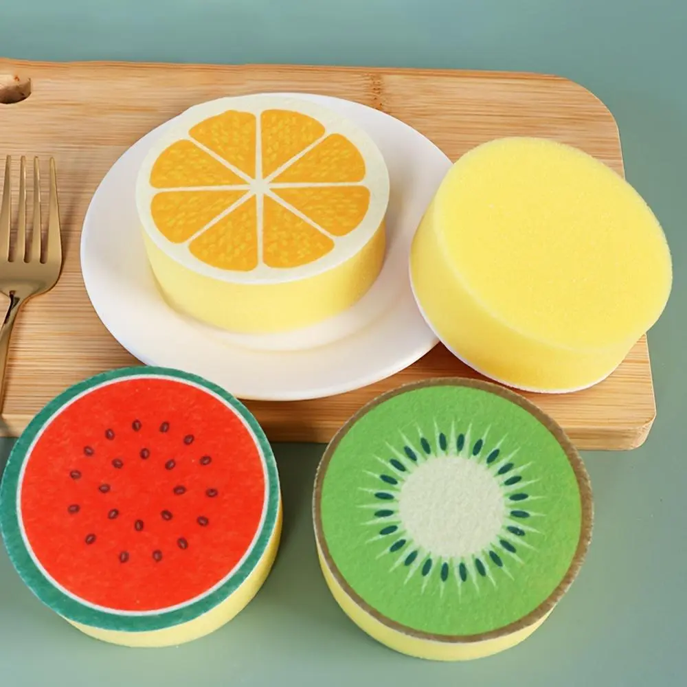 Kitchen Sponge Set - 4pcs Absorbent Fruit Print Sponges, Stain-Removing Scouring Pads, Dishcloths for Home Care