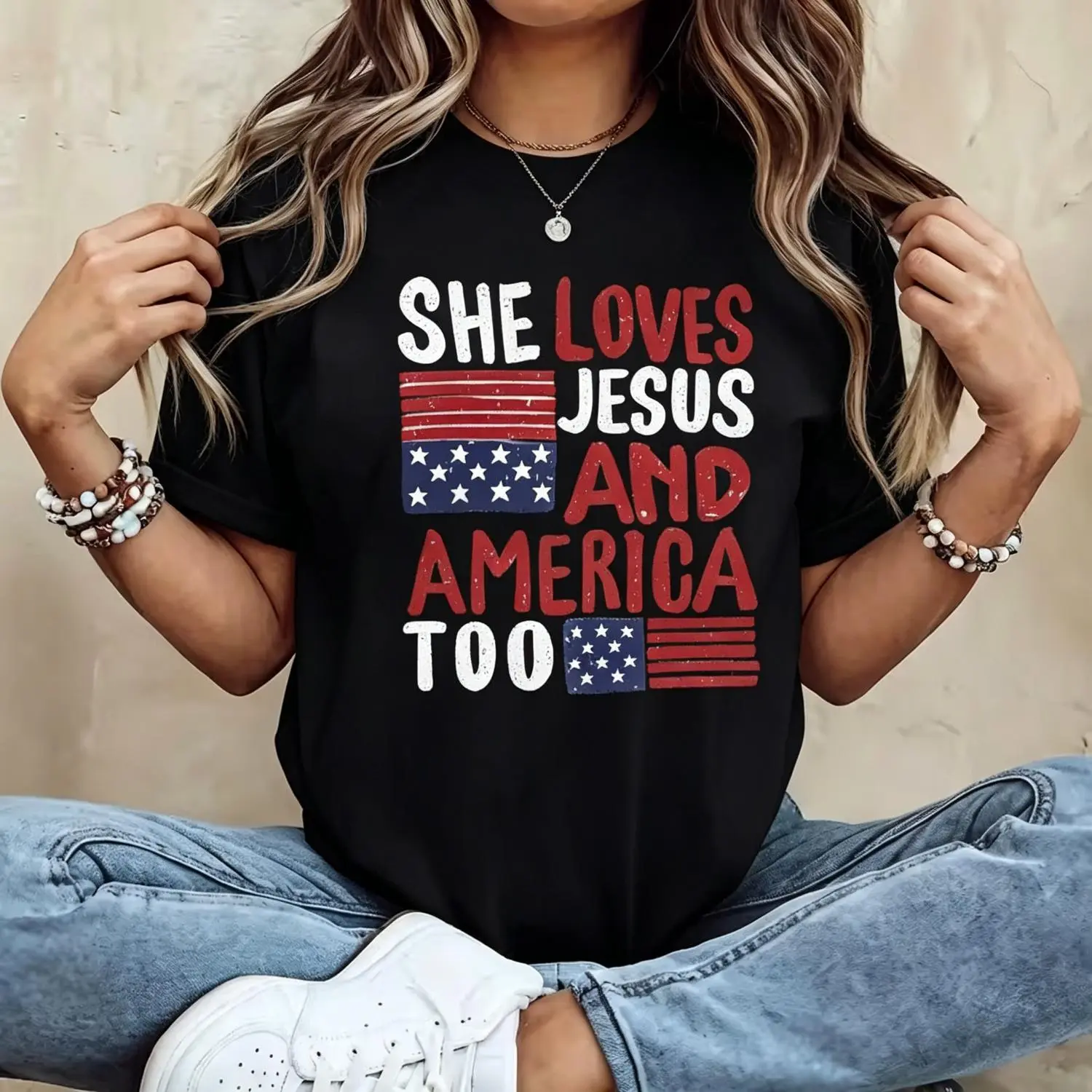Patriotic 4th of July Cotton T-shirt for Women "She Loves And America Too" Flag Design Comfortable Casual Summer Top