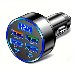 6-In-1 Fast Charging Car Charger, Multi-Functional USB Port, Voltage Display, Portable Phone Charger for Car Socket, Vehicle Adapter