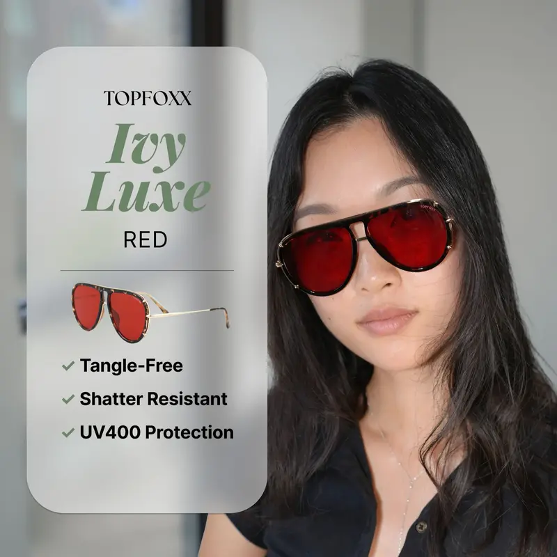 Topfoxx Ivy Luxe Red Tangle-Free Sunglasses | Fashionable Round Aviator Sunglasses with Certified Shatter-Resistant Lenses & UV400 Protection - Hand-Assembled Fashion Eyewear for Women & Men - Outdoor, Casual & Streetwear - Trendy Summer Fashion Accessory