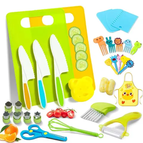 32PCS Montessori Toddler Kitchen Knife Set, Safe Real Cooking Utensils for Kids Ages 5-10, Complete Montessori Kitchen Gadgets & Sandwich Cutters, Practical Toddler Cooking Tools, Ideal Christmas Holiday Gift for Boys and Girls