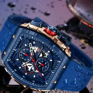 Naviforce Men's Sporty Quartz Wristwatch with Luminous Hands, Silicone Strap, Stainless Steel Tonneau Case Analog Luxury Business