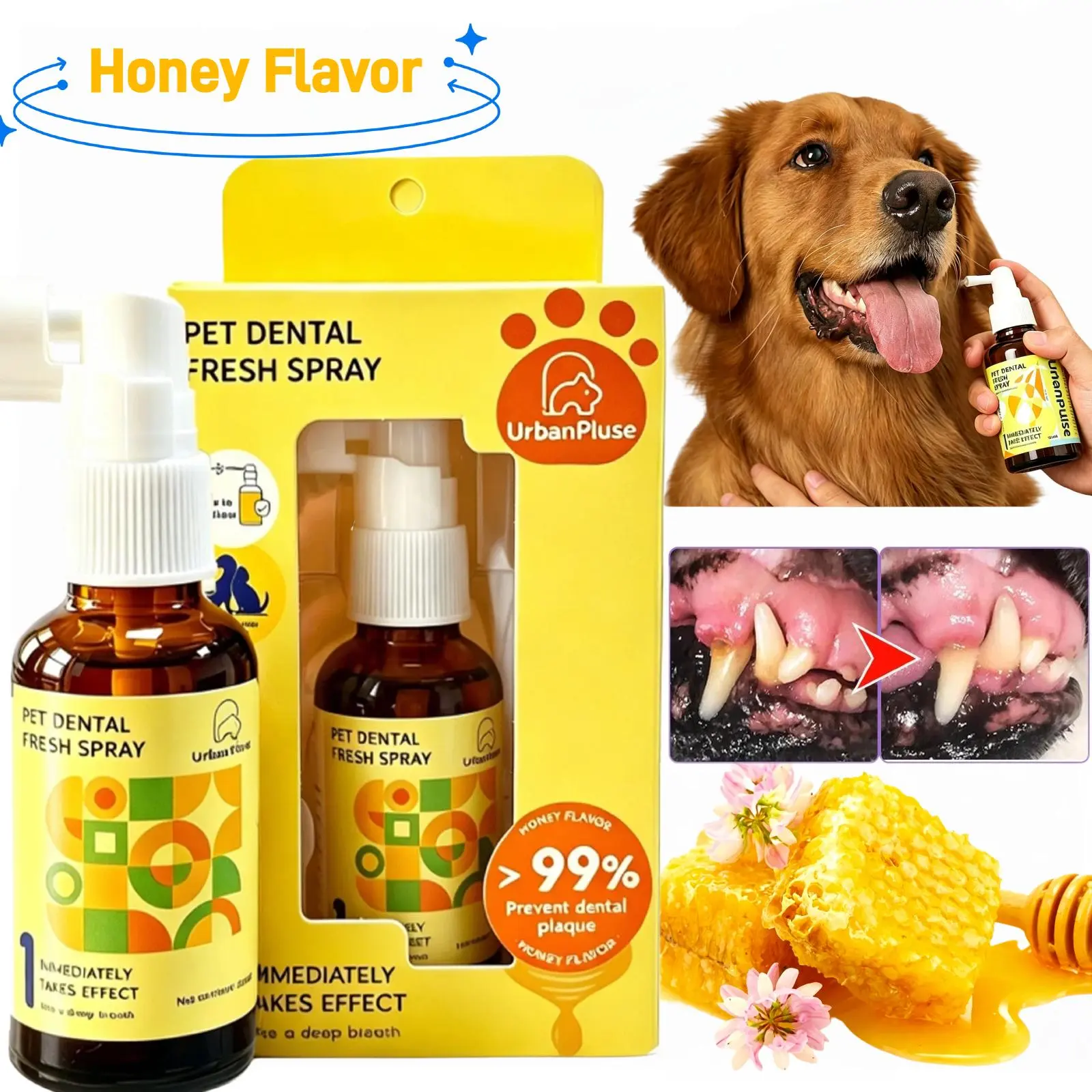 Tartar Control Dental Spray for Dogs，Honey-Flavored， Breath Freshener Brushless Teeth Cleaning Oral Care with Yeast Extract  Helps Reduce Plaque and Tartar Buildup ,30ml Single Bottle Supply