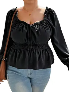 Plus Size Women's Square Neck Bubble Sleeve Top, Waist Cinch Slim Fit, Elegant Clavicle High Waist, Soft Style T-Shirt, Blouse