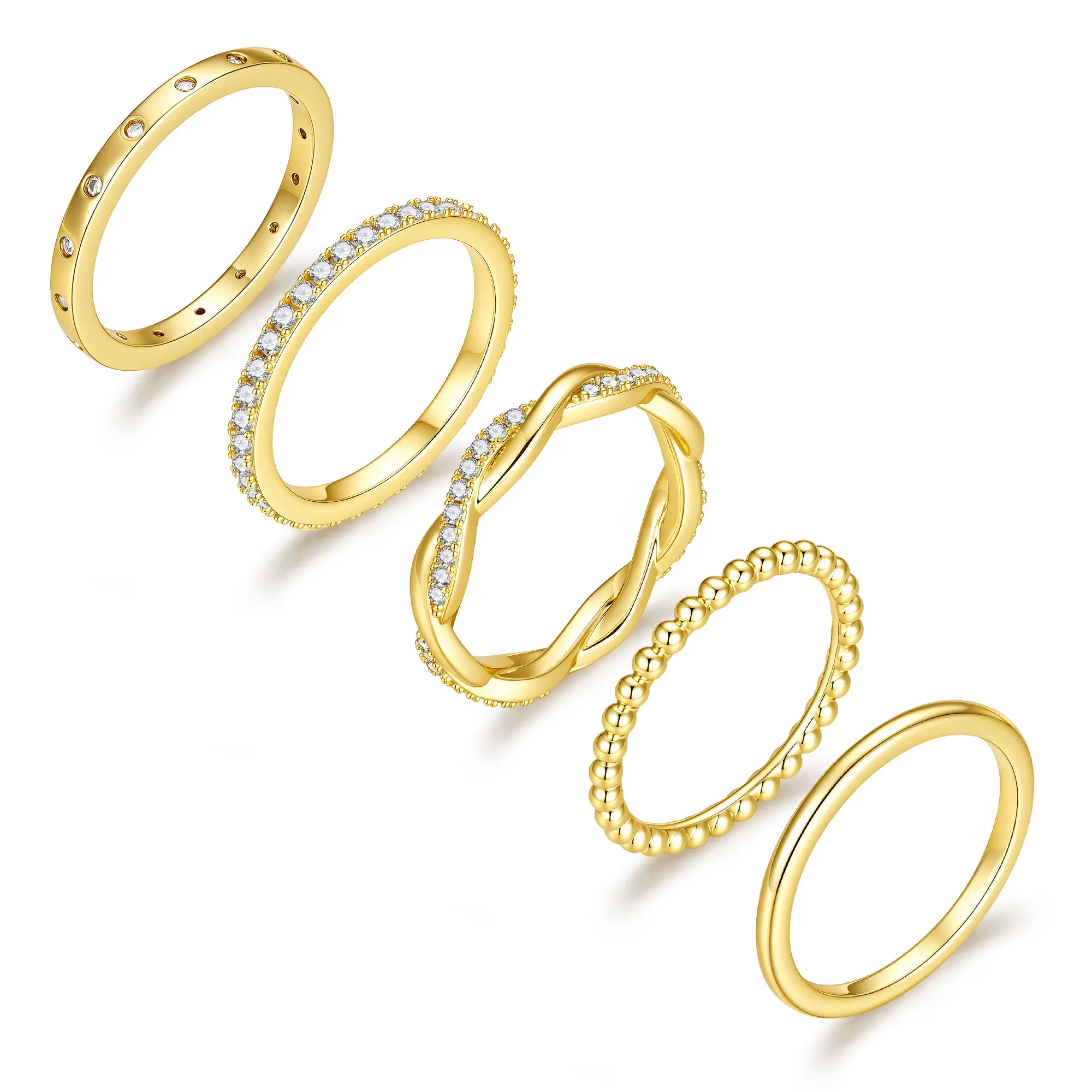 Turandoss 5 Piece 14K Gold Plated Stacking Ring Set for Women, Dainty Minimalist Thin Band Rings, Trendy Knuckle Midi Ring Set, Size 6-9