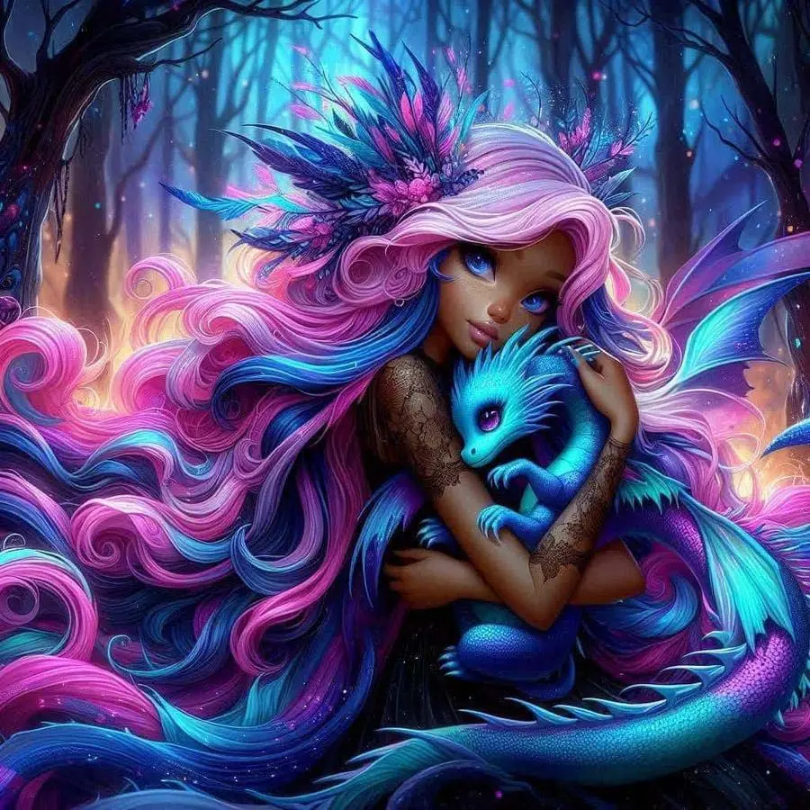 1pcs 5D DIY diamond painting kit, 5D diamond art set, Handcraft, DIY craft supplies, DIY home decor, Dreamy Forest, colorful long hair, little blue dragon, Full round diamond, mosaic, diamond art, suitable for Halloween and Christmas
