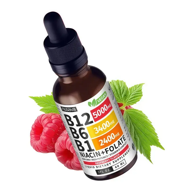 Nusava Vitamin B12 5000mcg + B6 Liquid DropsMethylcobalamin & B-complex Sublingual for Instant EnergyBoost Brain & Heart Health Support Natural RaspberryFlavor 60ml Bottle Vegan Dietary Supplement HealthcareFitness Optimum