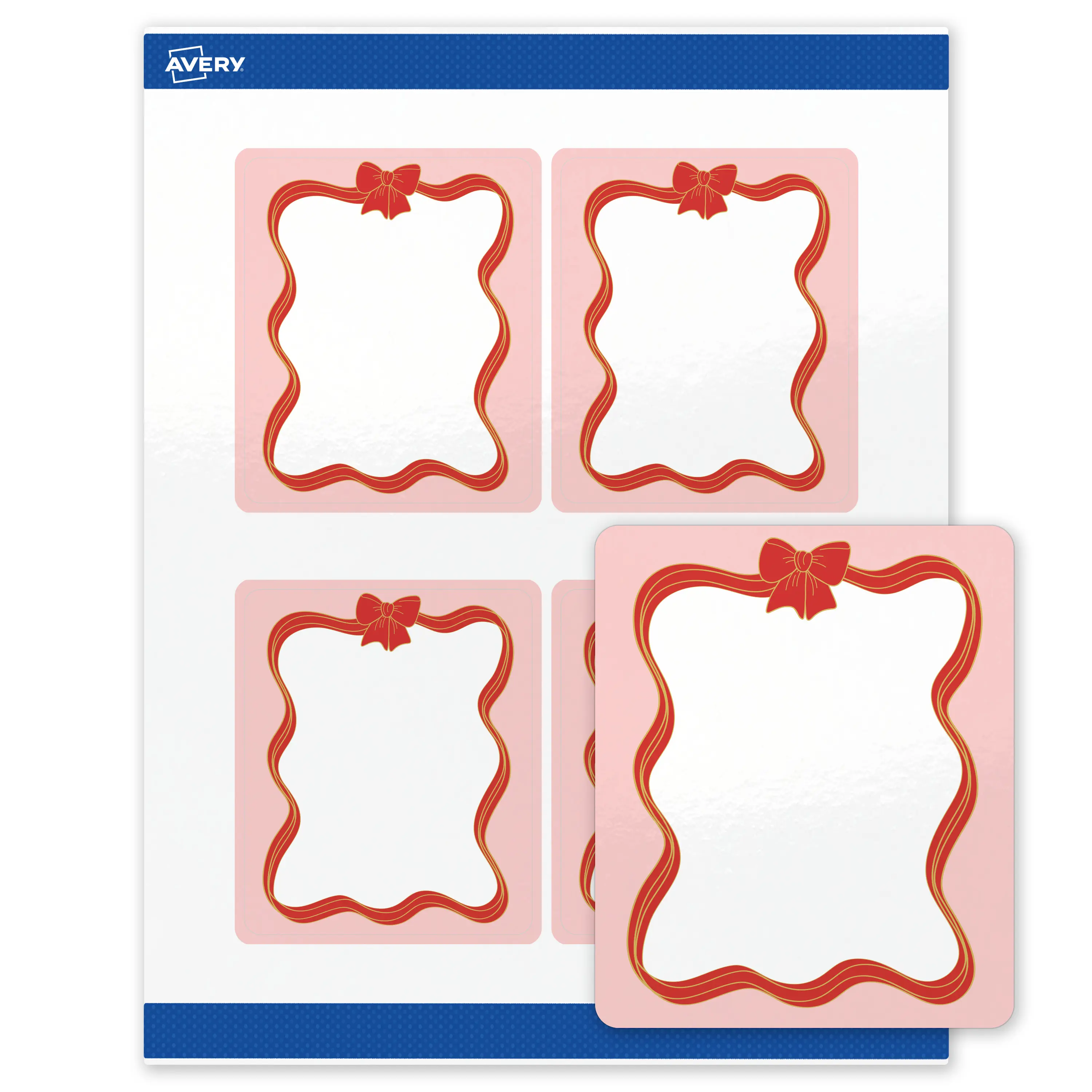Avery® Printable Christmas Labels with Sure Feed® Technology, Rectangle, 4" x 3-1/3", Pre-Printed Pink Border with Red & Gold Bow Design, Glossy White, Laser & Inkjet Compatible, 40 Total