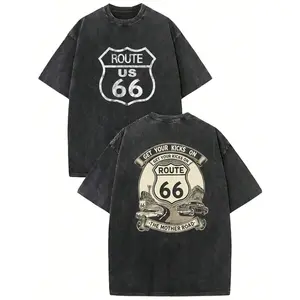 Historic Route 66 Shield Vintage Washed Tee, Retro Road Trip Casual T-Shirt Sweatshirt Menswear