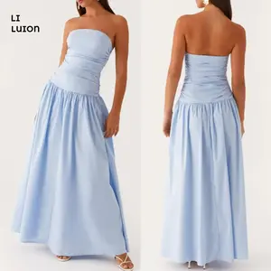Women Summer Tube Long Dress Ruched Boat Neck Backless Sleeveless Strapless Flowy Dresses  Casual Comfort Fashion Womenswear