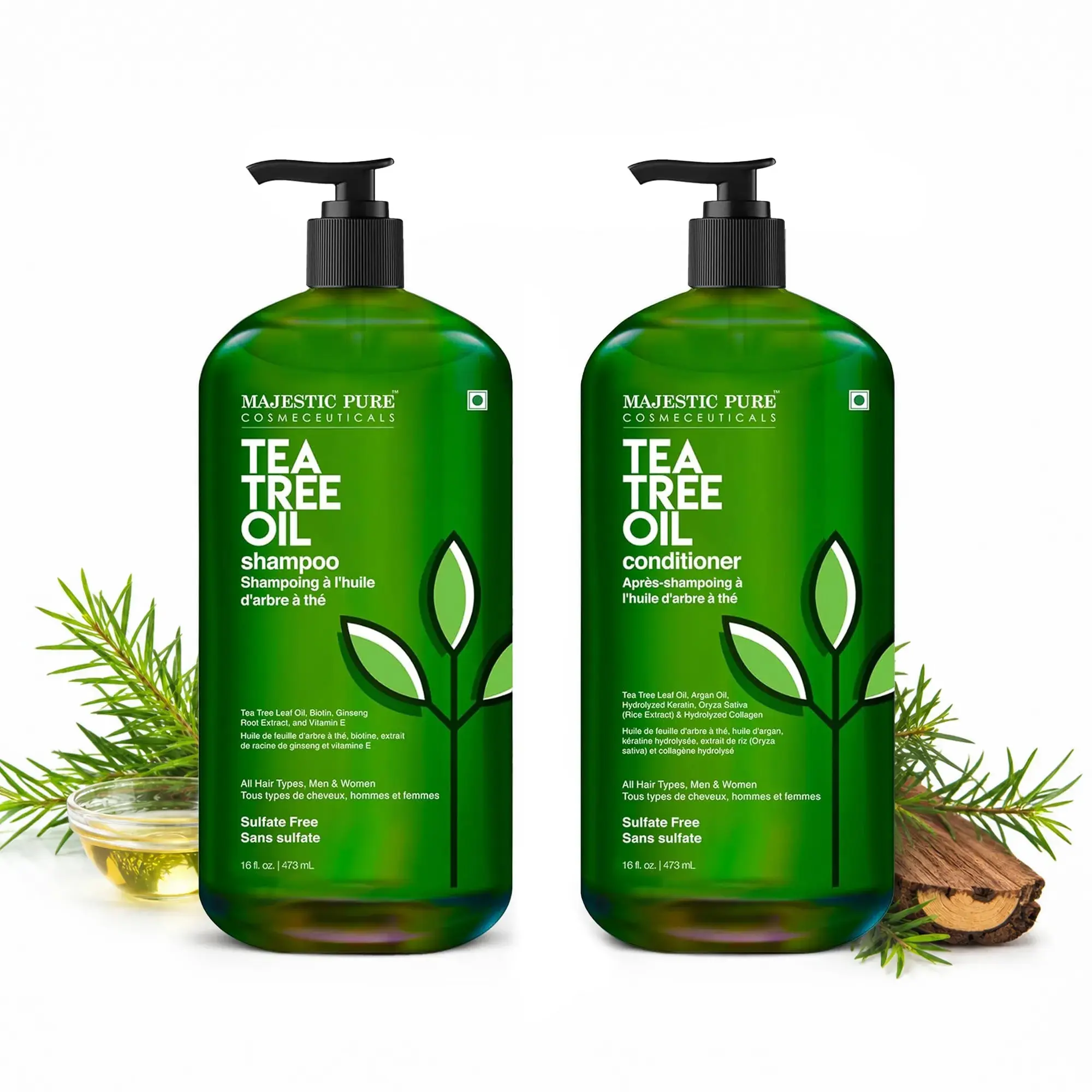 Tea Tree Oil Shampoo and Conditioner Set | 16 fl oz each, Haircare, Cleanser, Argan Oil, Calming, Daily, Keratin