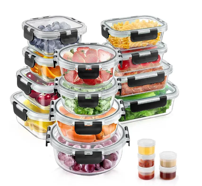 34pcs Glass Food Storage Containers with Lids Set, Airtight Meal Prep Containers (17 Containers & 17 Lids), Black