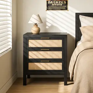 Bedside Table 3-Layer Large Capacity Storage Drawers Design Multifunctional Modern Chest of Drawers Wooden Night Stand for Bedroom Hallway Black 24x15x27 inches