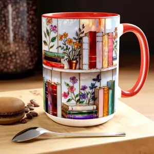 [Sale Up To 50%] Floral Bookshelf Coffee Mug, Book Lover Gift, Bookish Stained-Glass Style Mug, Library Aesthetic Cup (11Oz 15Oz)