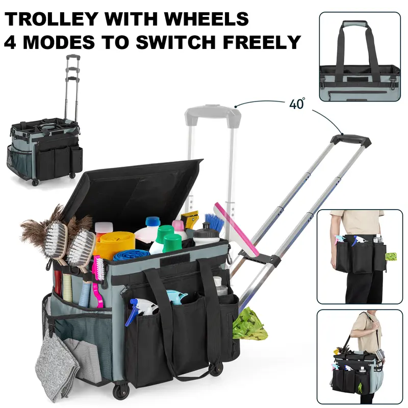 Cleaning Caddy Bag with Wheels, Extra Large Rolling Cleaning Caddy Bag with Detachable Trolley for Housekeepers, Water Resistant Cleaner Supplies Organizer with Wheels for Kitchen, Tool Organizer