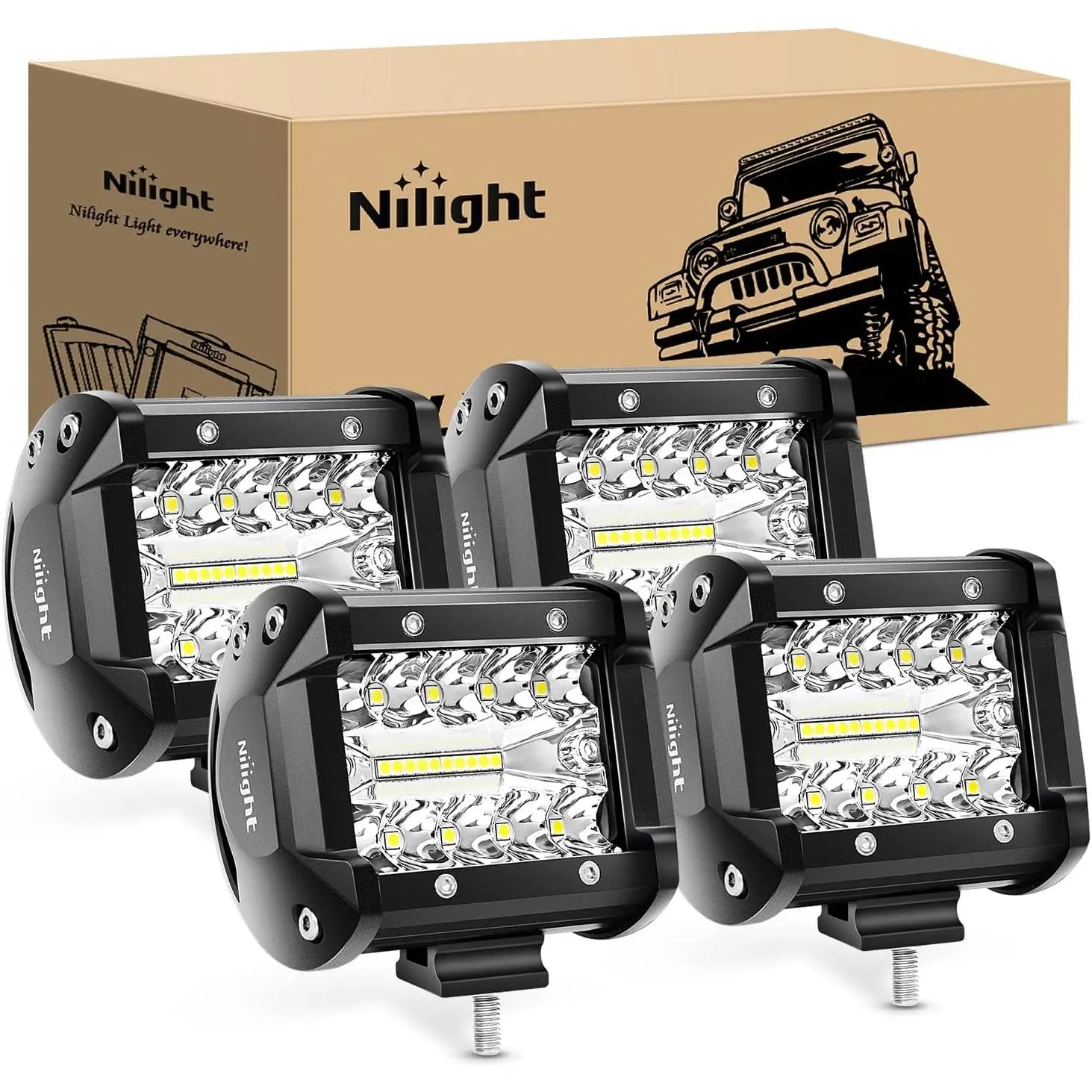 Nilight 4Pcs 4in Aluminum LED Pods - 60W Triple Row Spot-Flood Combo, 6000LM/2700LM Water-Resistant 12V-24V Off-Road Lights, Adjustable Sliding Mount Aftermarket Fog Lights for Trucks, Campers, Vans