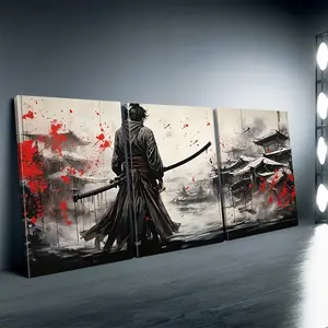 Wooden Framed Canvas Painting, 3 Counts/set Natural Landscape & Samurai Pattern Wall Art, Modern Art Wall Decor for Home Living Room Bedroom Office, Modern Home Decoration