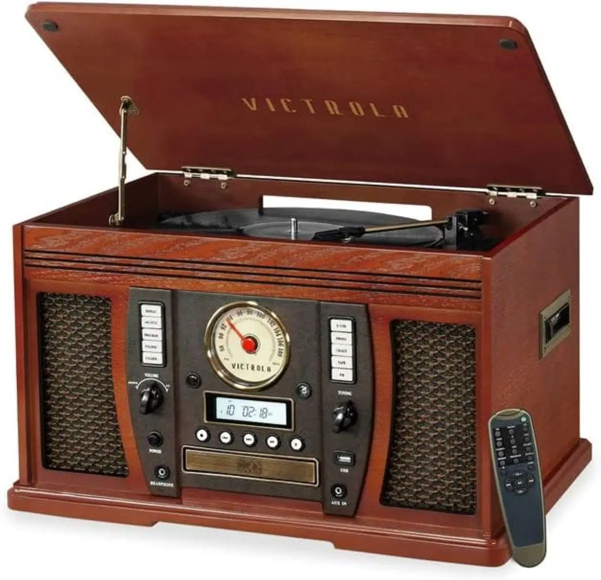 Victrola Navigator 8-in-1 Bluetooth Record Player with Built-in Speakers– 3 Speed Turntable, CD Player, Cassette, FM Radio, USB, RCA Out, Headphone Jack, Wireless Music Streaming, Real Wood (Espresso)