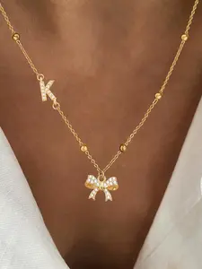 Women's Cubic Zirconia Initial Bow Pendant Necklace, Whimsical Necklace, Stainless Steel Bead Chain, Casual Fashion Jewelry for All Seasons, Cubic Zirconia Necklaces